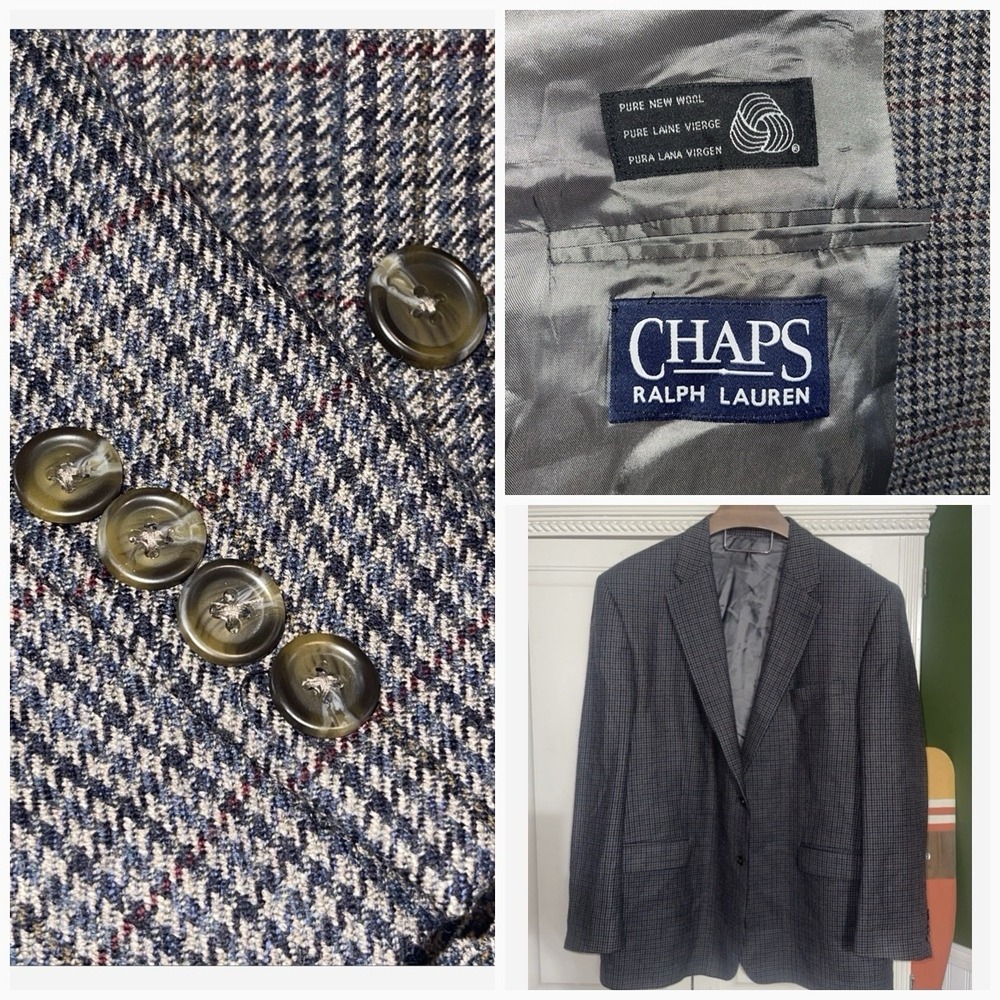 Chaps Ralph Lauren Lambswool 🐑 Blazer Men 52L Long Houndstooth Gray Wedding